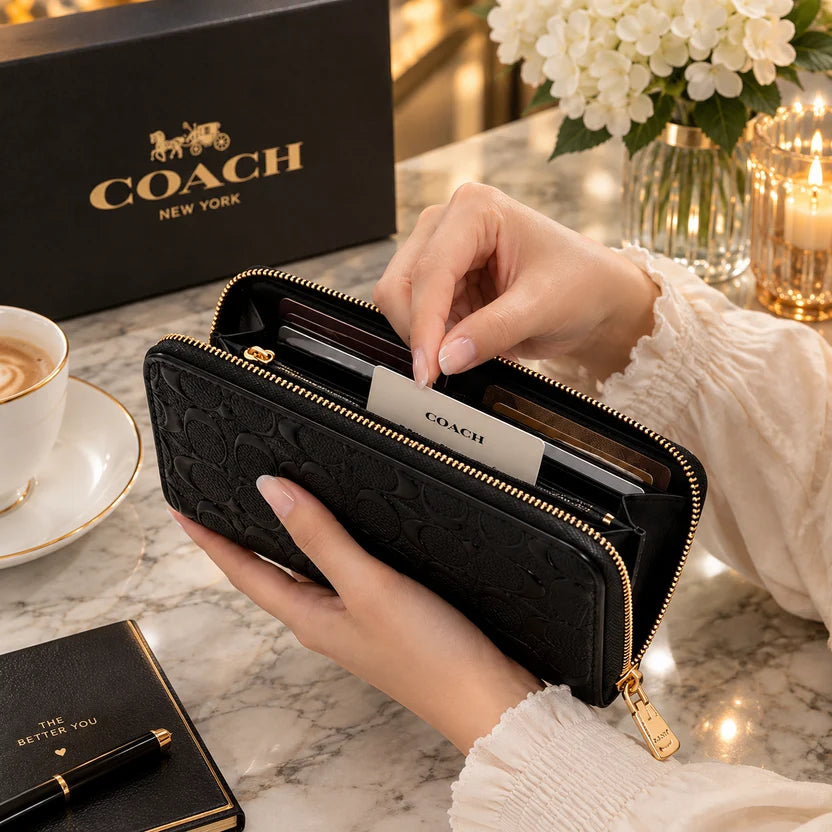 Coach Long Zip Around Wallet Signature Leather Black – Designer Wallet