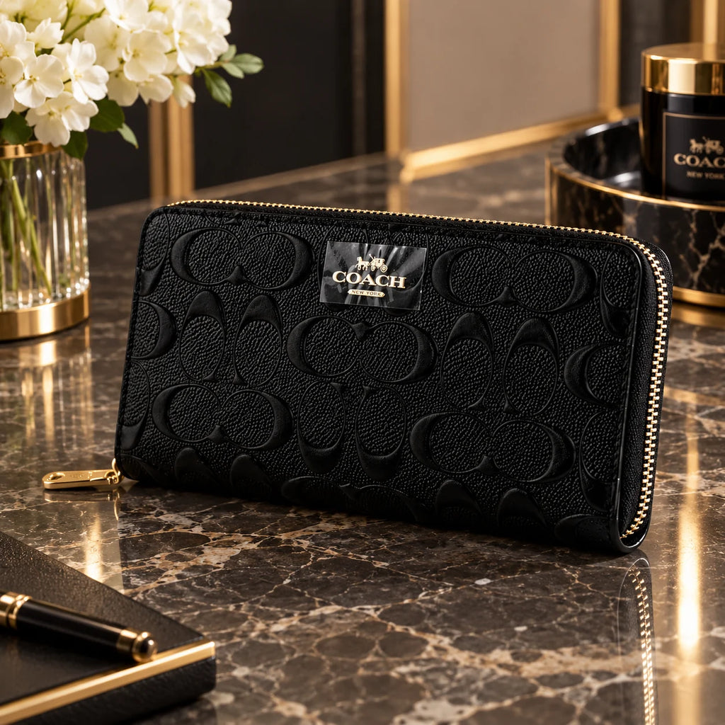 Coach Long Zip Around Wallet Signature Leather Black – Designer Wallet