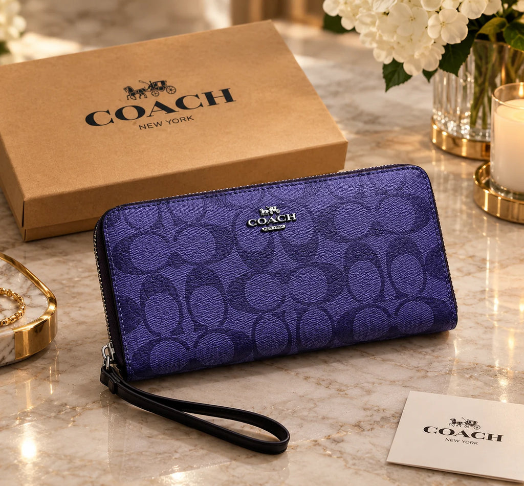 Coach Signature Zip Around Wallet Purple Wristlet Leather Women's Clutch