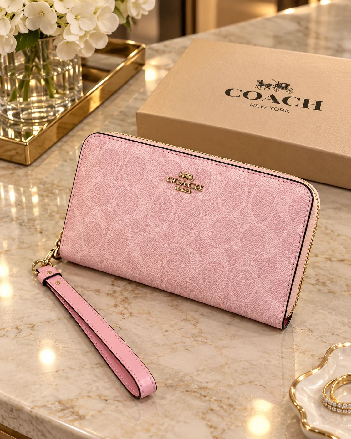 Coach Long Zip Around Wallet Signature Canvas with Box – Designer Wristlet Wallet