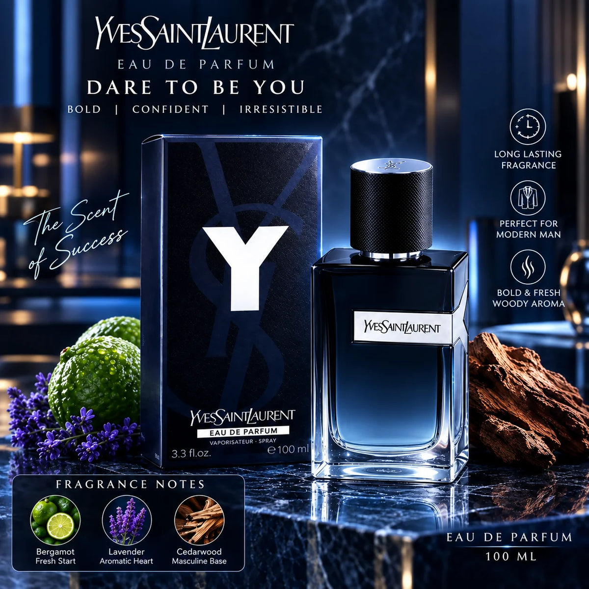 YSL Y Eau de Parfum 100ml / 3.3 oz Refillable Men's Cologne