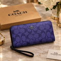 Coach Signature Zip Around Wallet Purple Wristlet Leather Women's Clutch