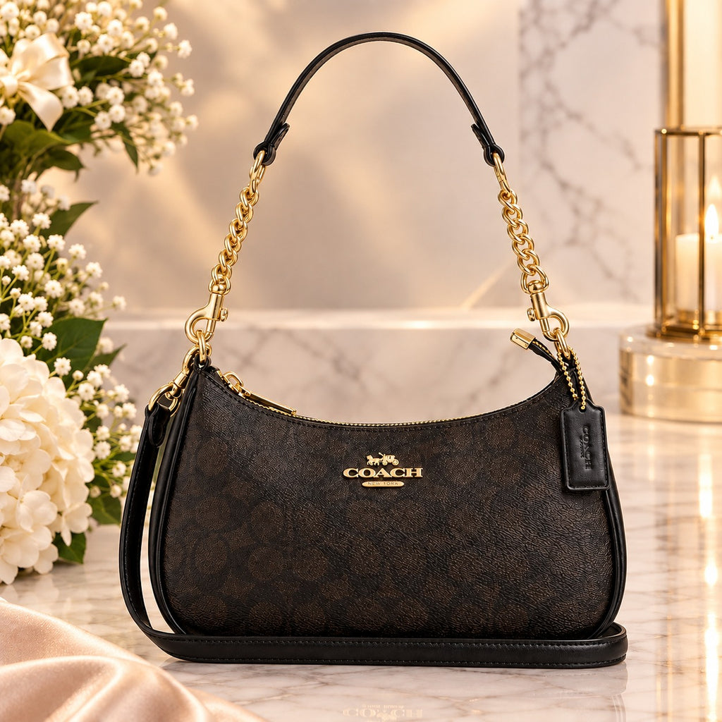 Coach Teri Shoulder Bag In Signature Canvas Gold Walnut Black