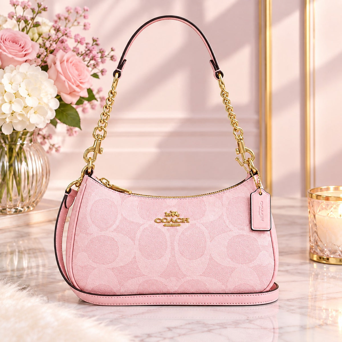 Coach Teri Shoulder Bag In Signature Canvas CAL51 Powder Pink NEW