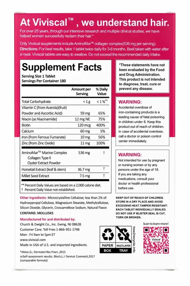 Viviscal Maximum Hair Growth Supplements for Women For Thicker Hair - 180 Tablet